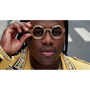 Rhinestone Sunglasses Round Frame Gold Metal Frame Men's Fashion Street Wear New